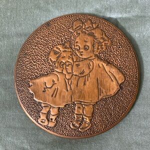 Vintage Copper Wall Art Plaque embossed hammered over wood girls whispering #09